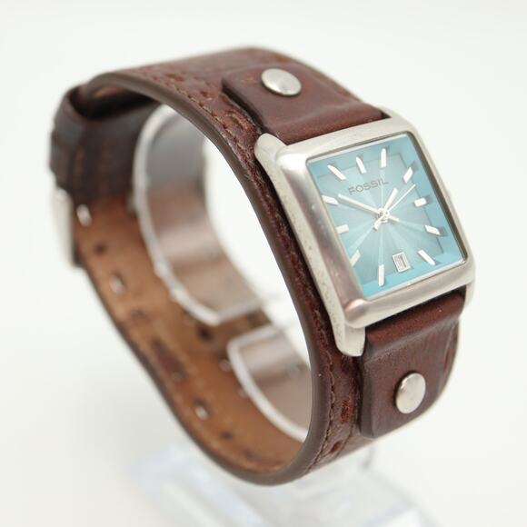 Vintage Fossil Y2K Blue Square 26mm Date Dial Watch Brown Leather w New Battery - Picture 7 of 12